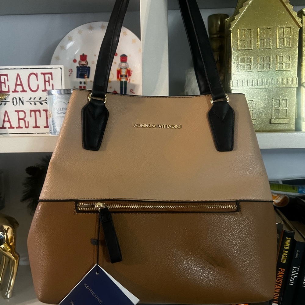 Adrienne Vittadini Tan and Black Tote Bag